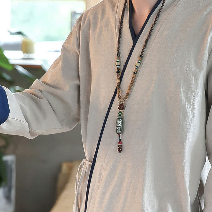 Koszula z długim rękawem Buddha Stones Fall Colorblock z lnu i sznurowania dla mężczyzn - image 14