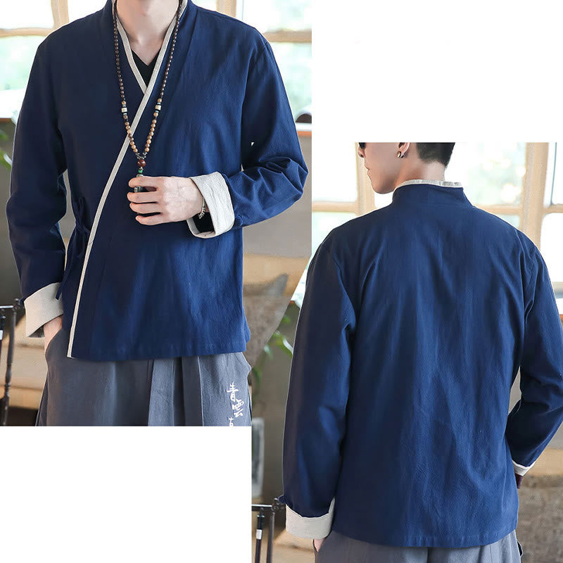 Koszula z długim rękawem Buddha Stones Fall Colorblock z lnu i sznurowania dla mężczyzn - image 6