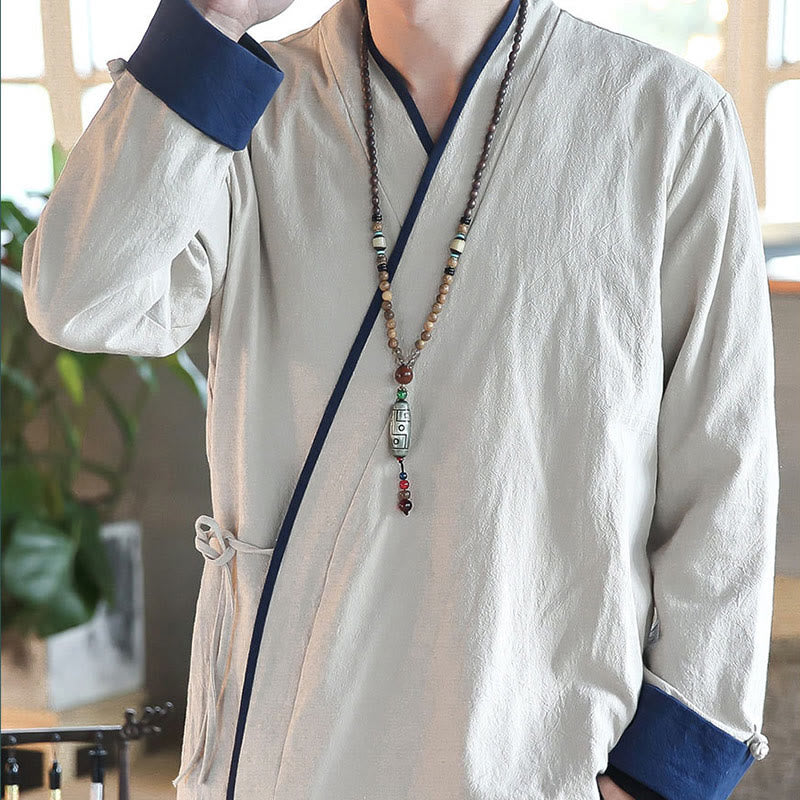 Koszula z długim rękawem Buddha Stones Fall Colorblock z lnu i sznurowania dla mężczyzn - image 11