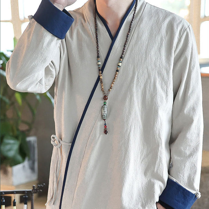 Koszula z długim rękawem Buddha Stones Fall Colorblock z lnu i sznurowania dla mężczyzn - image 11