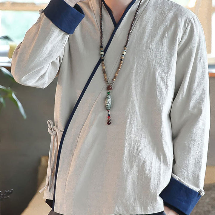 Koszula z długim rękawem Buddha Stones Fall Colorblock z lnu i sznurowania dla mężczyzn - image 15