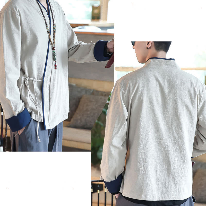 Koszula z długim rękawem Buddha Stones Fall Colorblock z lnu i sznurowania dla mężczyzn - image 16