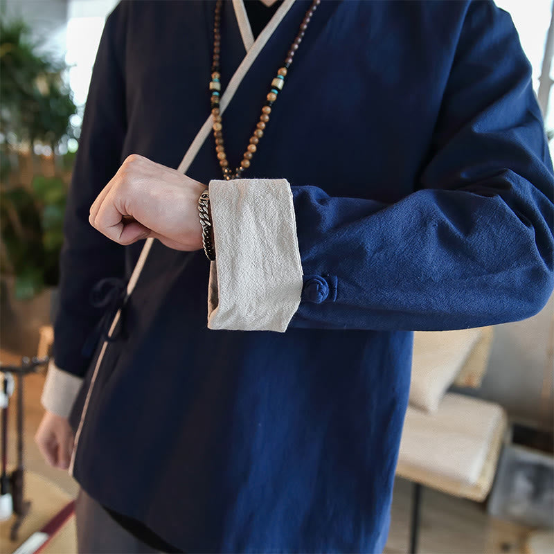 Koszula z długim rękawem Buddha Stones Fall Colorblock z lnu i sznurowania dla mężczyzn - image 4