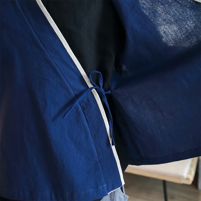 Koszula z długim rękawem Buddha Stones Fall Colorblock z lnu i sznurowania dla mężczyzn - image 9