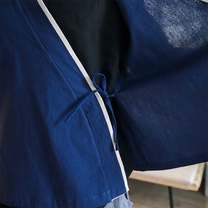 Koszula z długim rękawem Buddha Stones Fall Colorblock z lnu i sznurowania dla mężczyzn - image 9