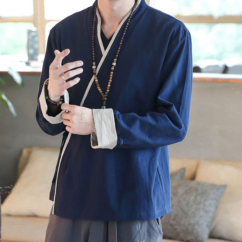 Koszula z długim rękawem Buddha Stones Fall Colorblock z lnu i sznurowania dla mężczyzn - image 2