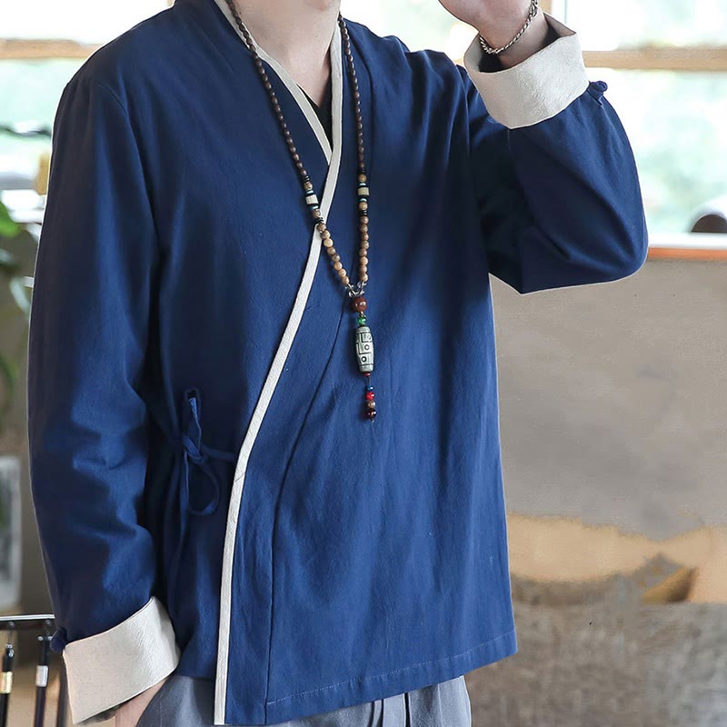 Koszula z długim rękawem Buddha Stones Fall Colorblock z lnu i sznurowania dla mężczyzn - image 1