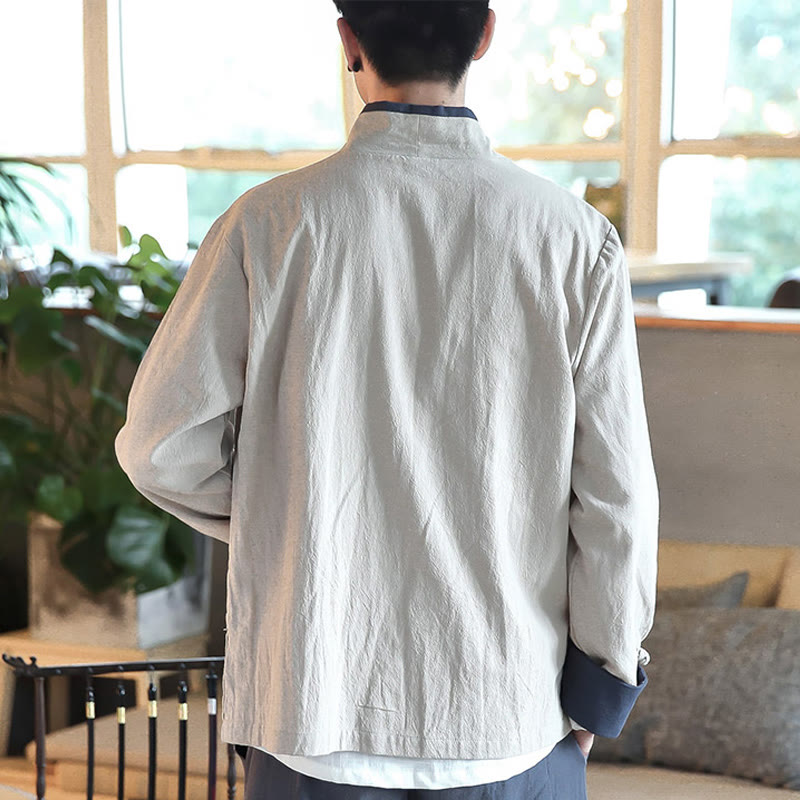 Koszula z długim rękawem Buddha Stones Fall Colorblock z lnu i sznurowania dla mężczyzn - image 12