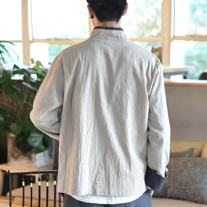 Koszula z długim rękawem Buddha Stones Fall Colorblock z lnu i sznurowania dla mężczyzn - image 12