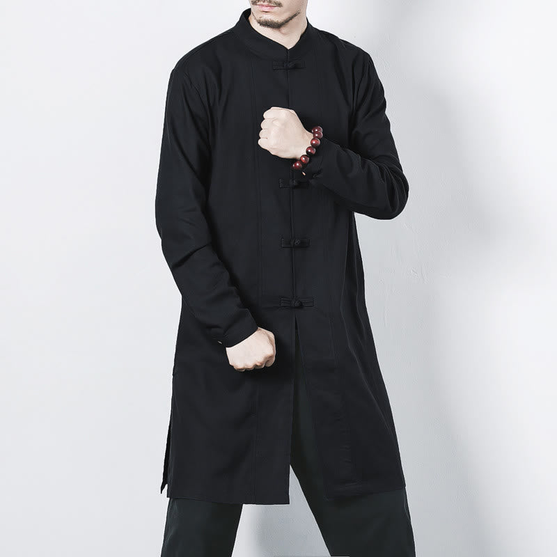 Buddha Stones Fall Simple Frog-Button Linen Męski Średniej Długości Płaszcz Zen Odzież - Czarny - US/UK/AU46， EU56 (5XL) - image 16