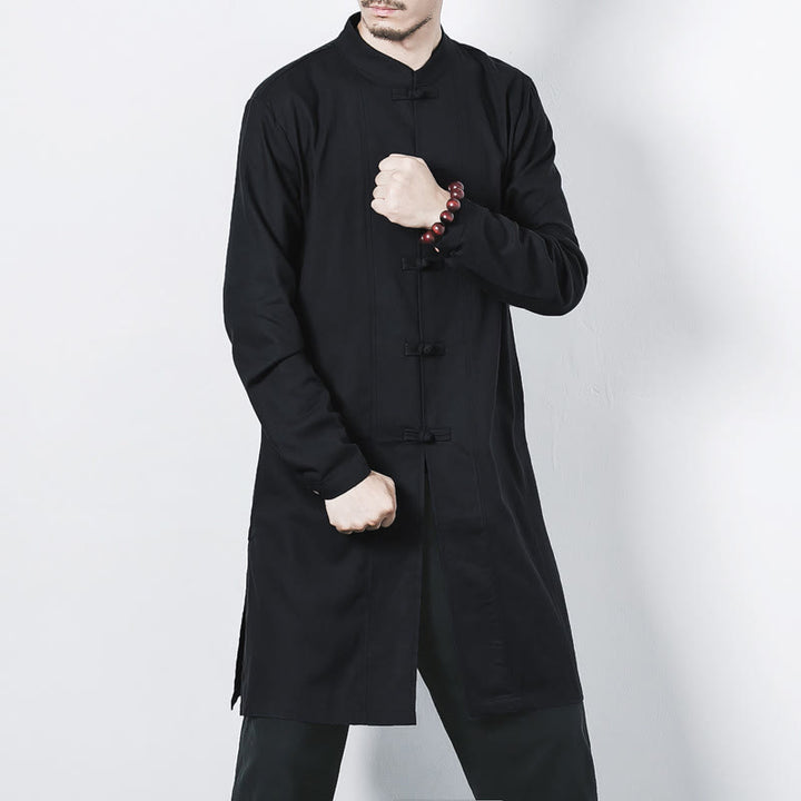 Buddha Stones Fall Simple Frog-Button Linen Męski Średniej Długości Płaszcz Zen Odzież - Czarny - US/UK/AU46， EU56 (5XL) - image 16
