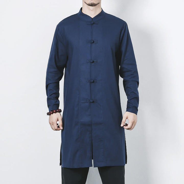 Buddha Stones Fall Simple Frog-Button Linen Męski Średniej Długości Płaszcz Zen Odzież - image 1