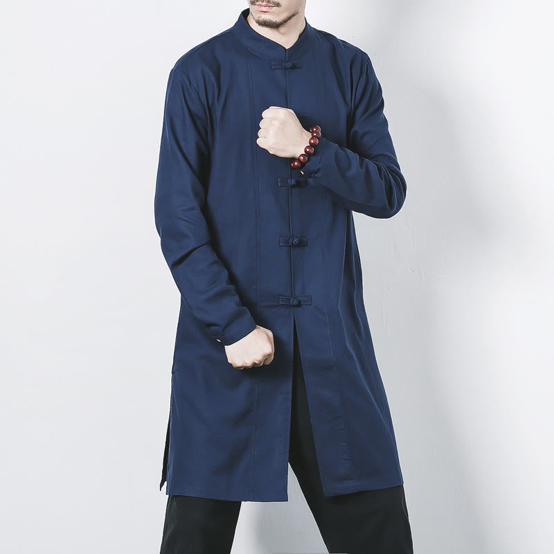 Buddha Stones Fall Simple Frog-Button Linen Męski Średniej Długości Płaszcz Zen Odzież - Stalowoniebieski - US/UK/AU46， EU56 (5XL) - image 0