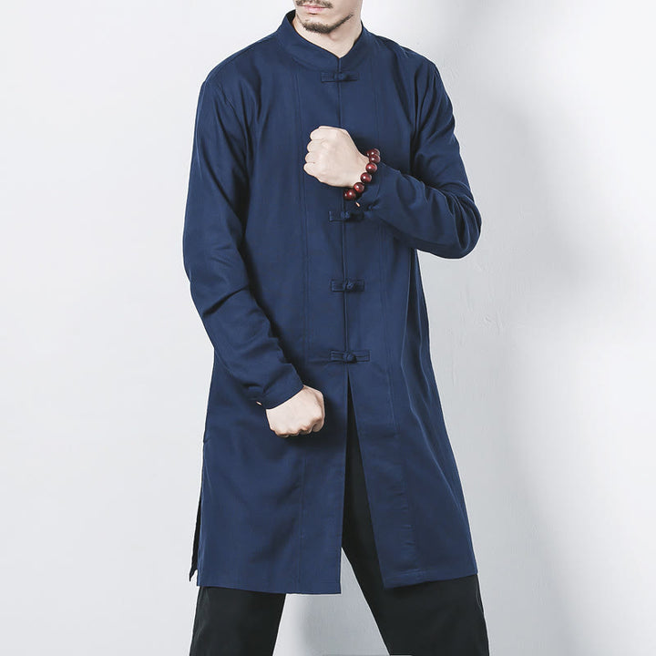 Buddha Stones Fall Simple Frog-Button Linen Męski Średniej Długości Płaszcz Zen Odzież - Stalowoniebieski - US/UK/AU46， EU56 (5XL) - image 0