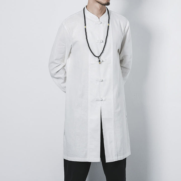 Buddha Stones Fall Simple Frog-Button Linen Męski Średniej Długości Płaszcz Zen Odzież - image 15