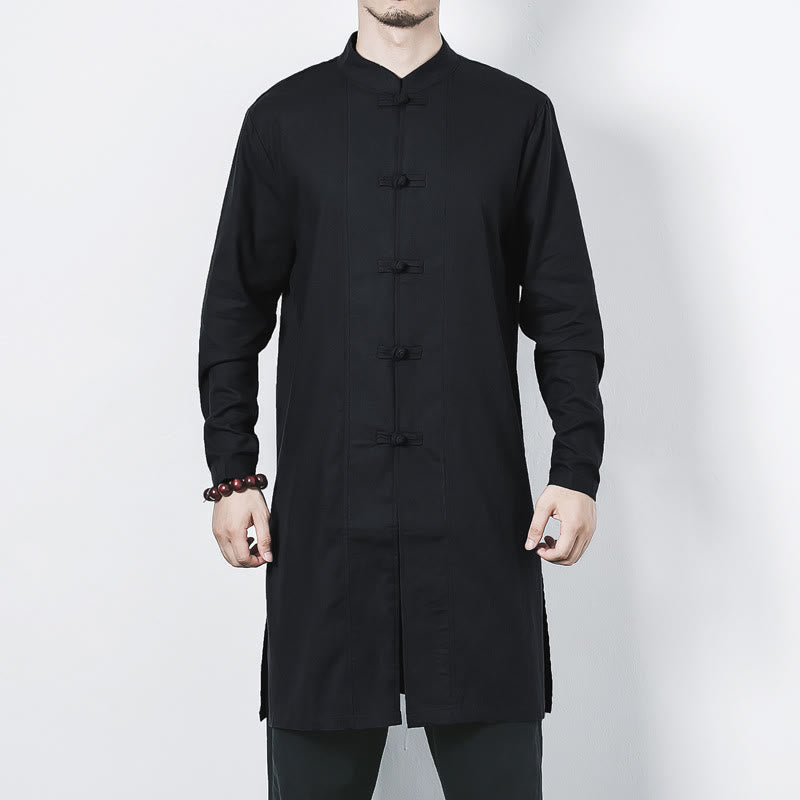 Buddha Stones Fall Simple Frog-Button Linen Męski Średniej Długości Płaszcz Zen Odzież - image 17