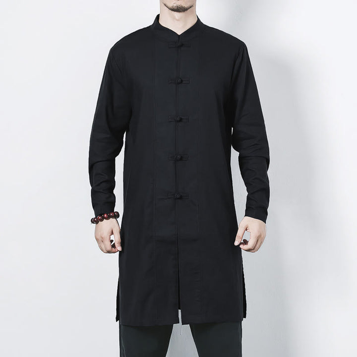 Buddha Stones Fall Simple Frog-Button Linen Męski Średniej Długości Płaszcz Zen Odzież - image 17