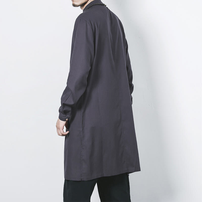 Buddha Stones Fall Simple Frog-Button Linen Męski Średniej Długości Płaszcz Zen Odzież - image 24