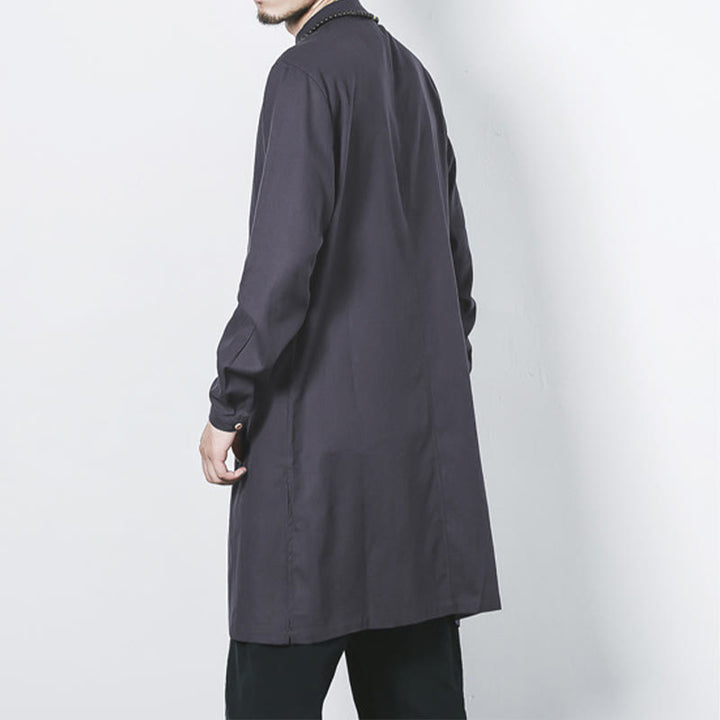 Buddha Stones Fall Simple Frog-Button Linen Męski Średniej Długości Płaszcz Zen Odzież - image 24