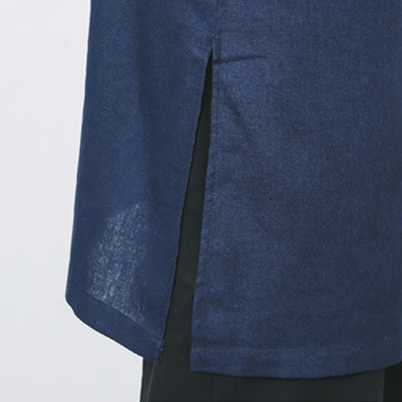 Buddha Stones Fall Simple Frog-Button Linen Męski Średniej Długości Płaszcz Zen Odzież - image 13