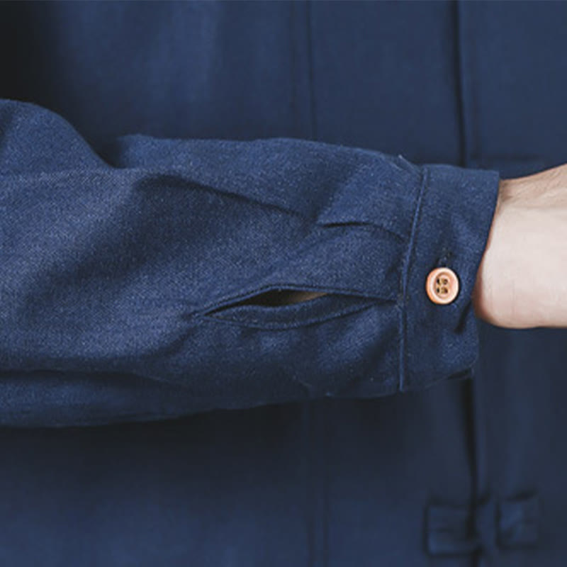 Buddha Stones Fall Simple Frog-Button Linen Męski Średniej Długości Płaszcz Zen Odzież - image 11