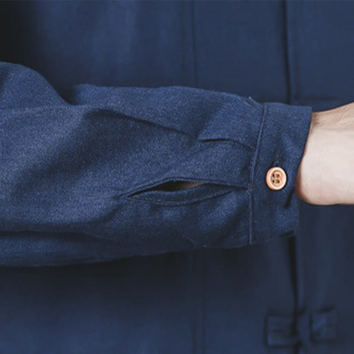 Buddha Stones Fall Simple Frog-Button Linen Męski Średniej Długości Płaszcz Zen Odzież - image 11