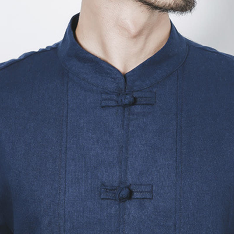 Buddha Stones Fall Simple Frog-Button Linen Męski Średniej Długości Płaszcz Zen Odzież - image 9