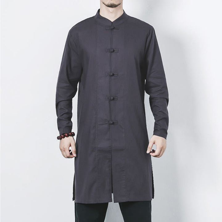 Buddha Stones Fall Simple Frog-Button Linen Męski Średniej Długości Płaszcz Zen Odzież - image 23