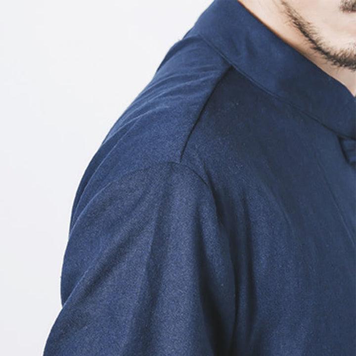 Buddha Stones Fall Simple Frog-Button Linen Męski Średniej Długości Płaszcz Zen Odzież - image 8