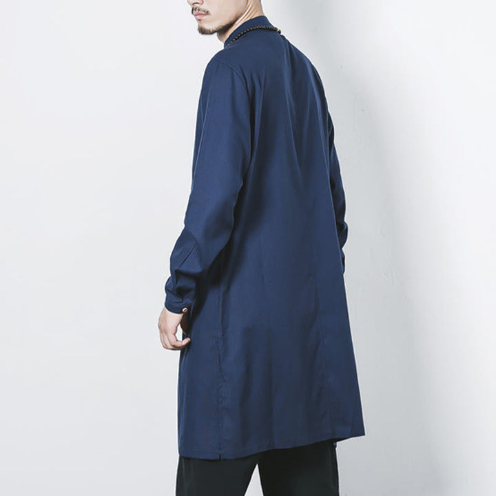 Buddha Stones Fall Simple Frog-Button Linen Męski Średniej Długości Płaszcz Zen Odzież - image 3