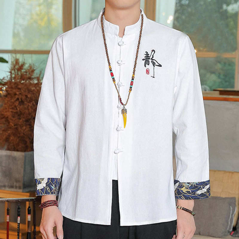 Koszula z długim rękawem i guzikami w kolorze żaby Buddha Stones Jesień Lniana Męska Odzież Zen - Biały - US/UK/AU46， EU56 (5XL) - image 0
