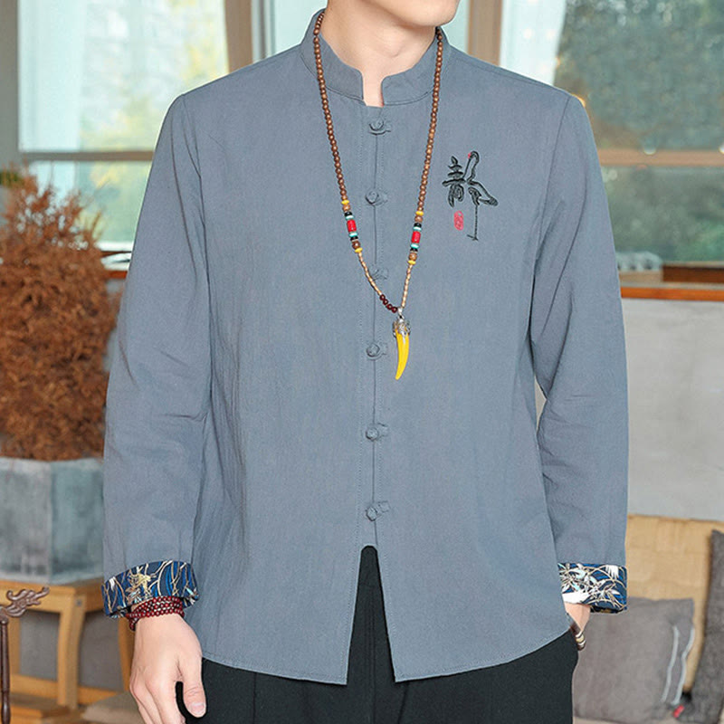 Koszula z długim rękawem i guzikami w kolorze żaby Buddha Stones Jesień Lniana Męska Odzież Zen - PowderBlue - US/UK/AU46， EU56 (5XL) - image 10