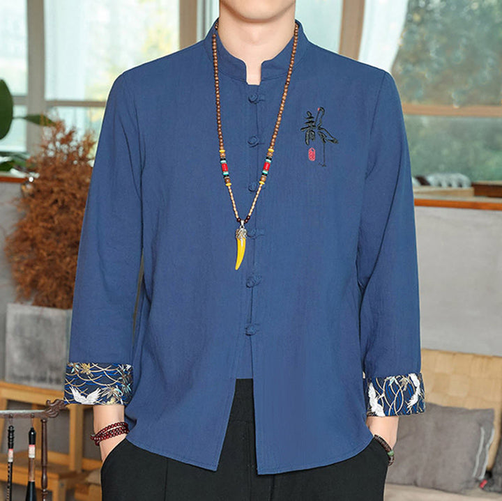 Koszula z długim rękawem i guzikami w kolorze żaby Buddha Stones Jesień Lniana Męska Odzież Zen - Stalowoniebieski - US/UK/AU46， EU56 (5XL) - image 21