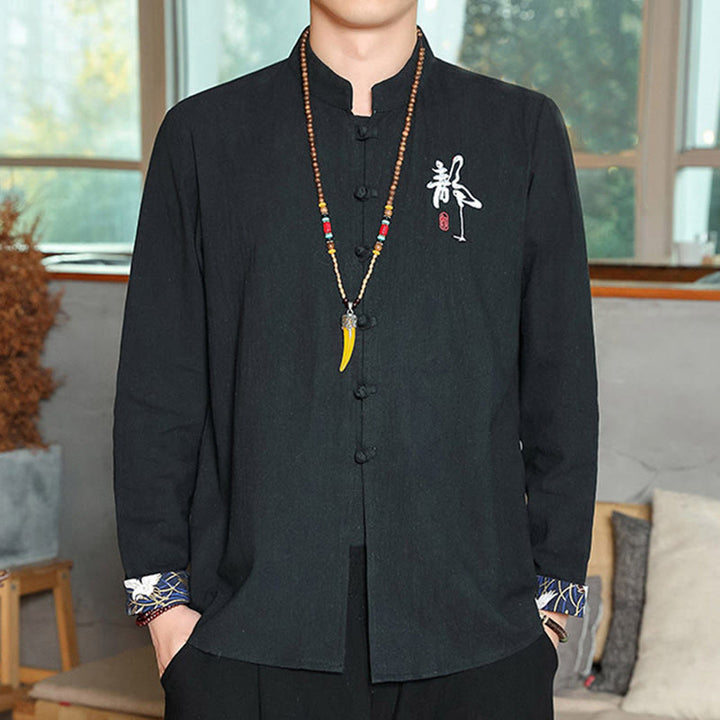 Koszula z długim rękawem i guzikami w kolorze żaby Buddha Stones Jesień Lniana Męska Odzież Zen - Czarny - US/UK/AU46， EU56 (5XL) - image 15