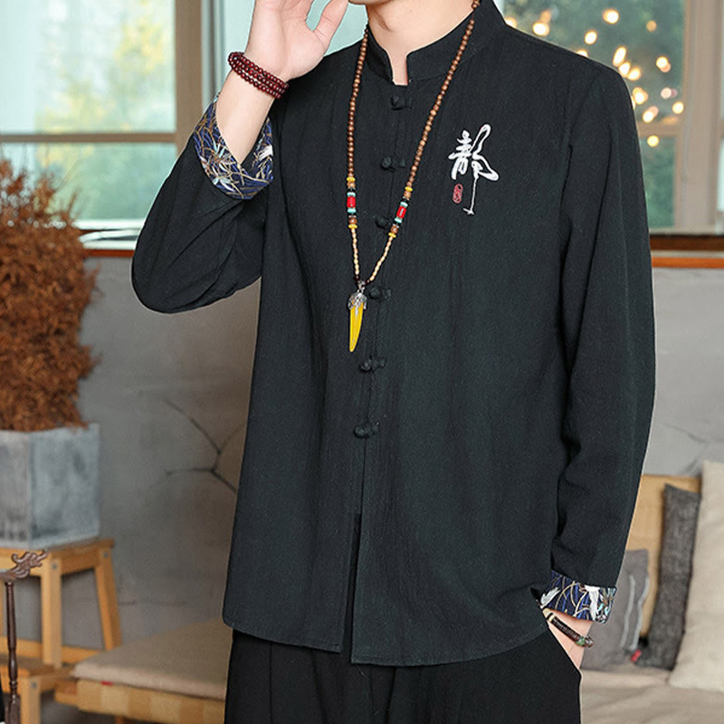 Koszula z długim rękawem i guzikami w kolorze żaby Buddha Stones Jesień Lniana Męska Odzież Zen - image 19