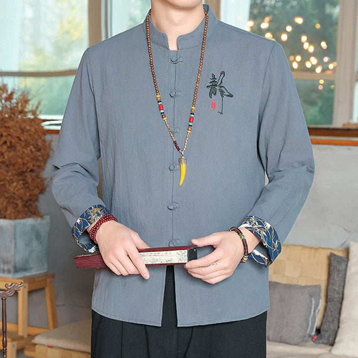 Koszula z długim rękawem i guzikami w kolorze żaby Buddha Stones Jesień Lniana Męska Odzież Zen - image 12