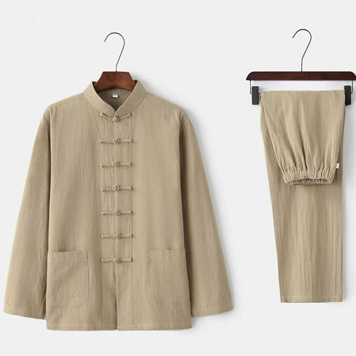 Buddha Stones 2-częściowy strój Tang Tradycyjny Żabkowy-Guzik Jednolity Długi Rękaw Koszula Spodnie Męski Zestaw - Beżowy - US/UK/AU46， EU56 (5XL) - image 0