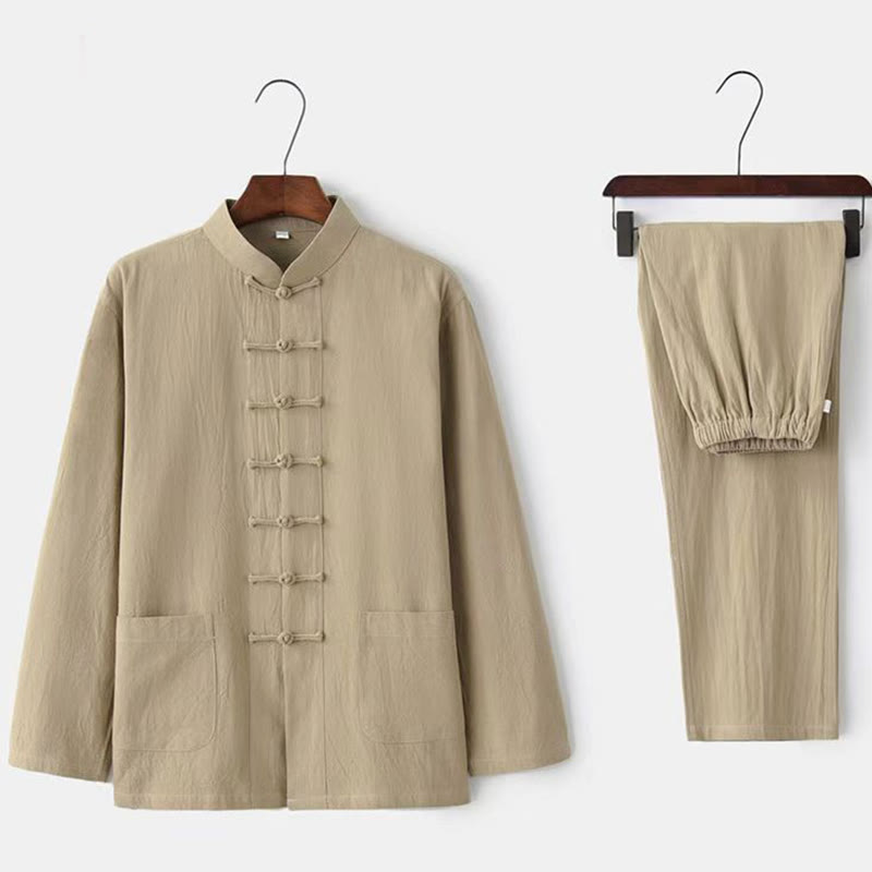 Buddha Stones, 2-częściowy strój Tang, tradycyjny mundur z żabą i guzikami, koszula z długim rękawem i spodnie, męski zestaw - Beżowy - US/UK/AU44，EU54 (5XL) - image 0