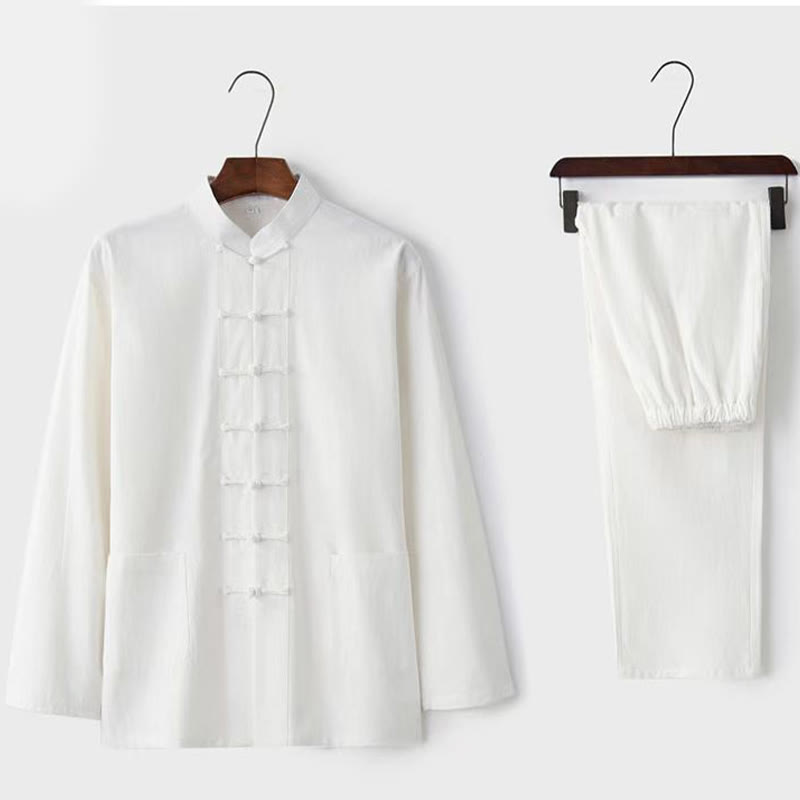 Buddha Stones, 2-częściowy strój Tang, tradycyjny mundur z żabą i guzikami, koszula z długim rękawem i spodnie, męski zestaw - Biały - US/UK/AU44，EU54 (5XL) - image 1