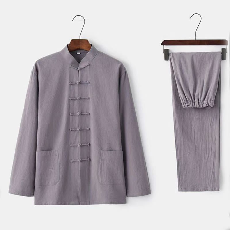 Buddha Stones 2-częściowy strój Tang Tradycyjny Żabkowy-Guzik Jednolity Długi Rękaw Koszula Spodnie Męski Zestaw - Gainsboro - US/UK/AU46， EU56 (5XL) - image 2