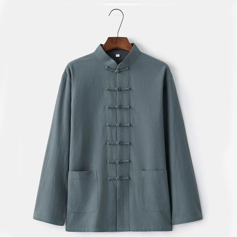 Buddha Stones 2-częściowy strój Tang Tradycyjny Żabkowy-Guzik Jednolity Długi Rękaw Koszula Spodnie Męski Zestaw - image 8