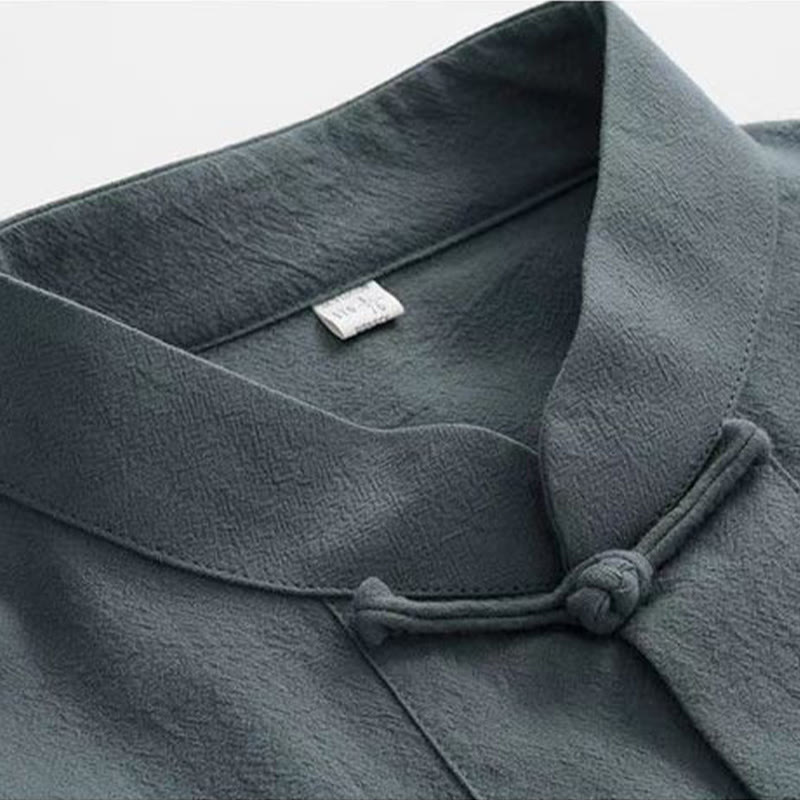 Buddha Stones 2-częściowy strój Tang Tradycyjny Żabkowy-Guzik Jednolity Długi Rękaw Koszula Spodnie Męski Zestaw - image 9