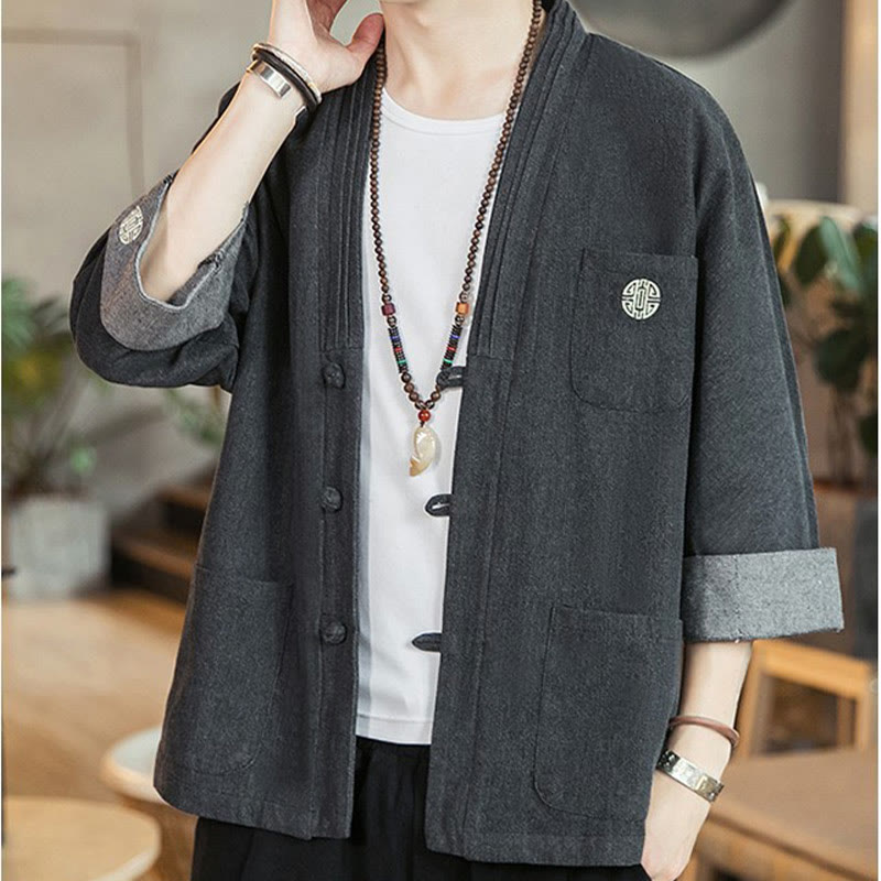 Męski garnitur typu Tang z Buddha Stones , zapinany na guziki żabą, z rękawami trzy czwarte i kieszeniami - image 2