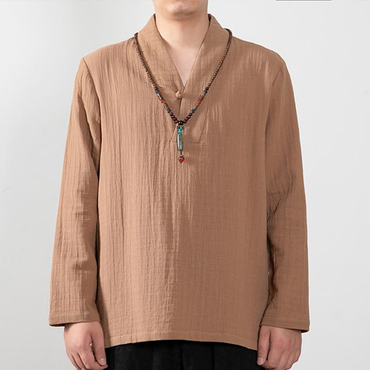 Buddha Stones Jesień Prosty T-shirt z dekoltem w serek Długi rękaw Bawełna Męska Odzież