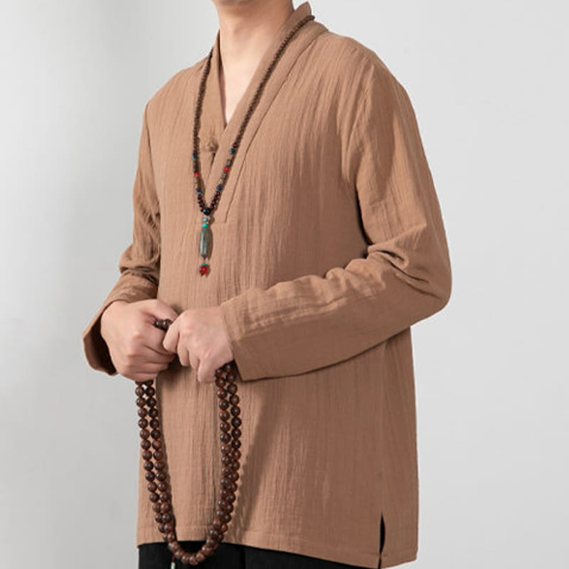 Buddha Stones Jesień Prosty T-shirt z dekoltem w serek Długi rękaw Bawełna Męska Odzież