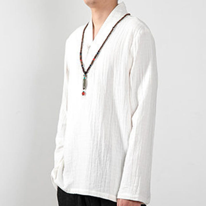 Buddha Stones Jesień Prosty T-shirt z dekoltem w serek Długi rękaw Bawełna Męska Odzież - image 11