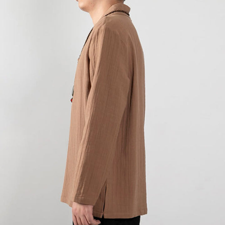 Buddha Stones Jesień Prosty T-shirt z dekoltem w serek Długi rękaw Bawełna Męska Odzież - image 3