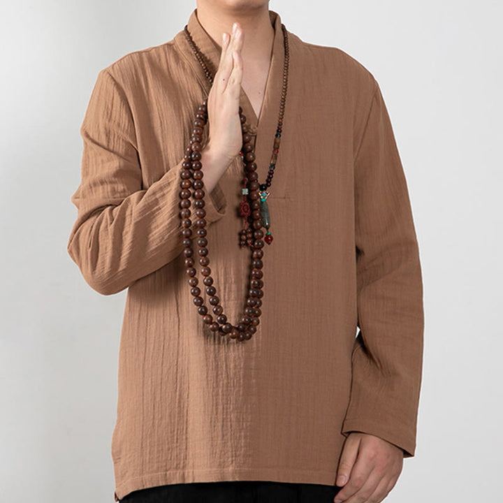 Buddha Stones Jesień Prosty T-shirt z dekoltem w serek Długi rękaw Bawełna Męska Odzież