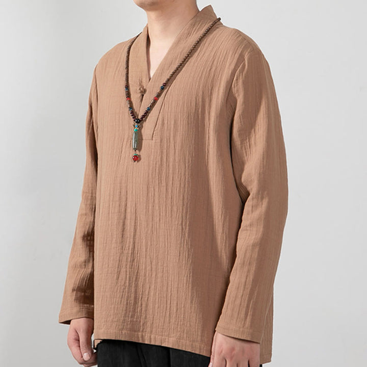 Buddha Stones Jesień Prosty T-shirt z dekoltem w serek Długi rękaw Bawełna Męska Odzież