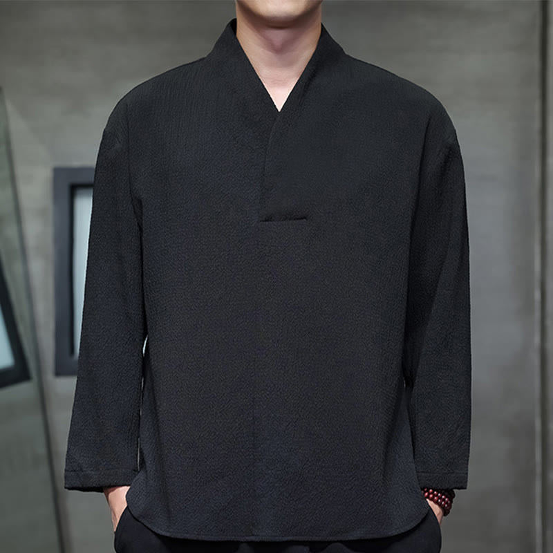 Buddha Stones Prosta koszulka z długim rękawem i dekoltem w serek Męska odzież - Czarny - US/UK/AU46， EU56 (5XL) - image 11